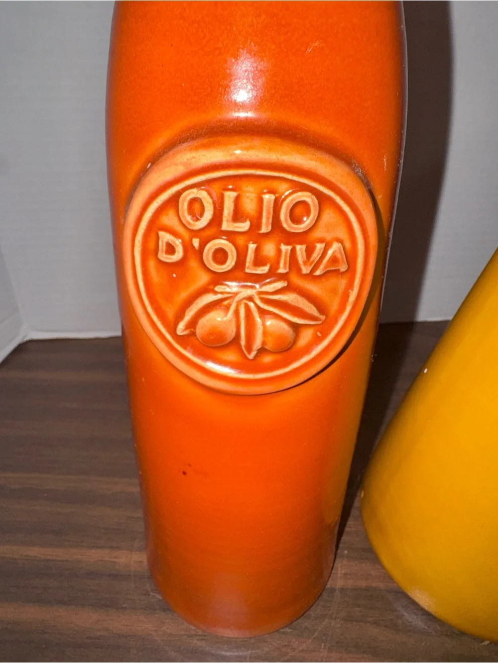 Vintage Crate & Barrel Orange/Yellow Large Olive Oil Bottles Stoneware